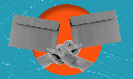 Art collage, hands with envelopes, letter. Concept of correspondenceの写真素材