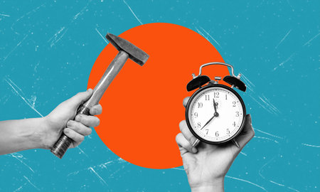 Art collage, hand holding alarm clock, Other hand with hammer swinging at alarm clock. The concept of time.の写真素材