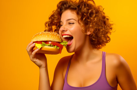 Portrait of a woman eating a delicious cheeseburger on a colored background. The concept of tasty but unhealthy food.の素材