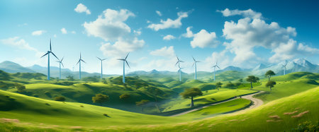 This photo captures a painting featuring a vibrant green landscape with windmills.の素材