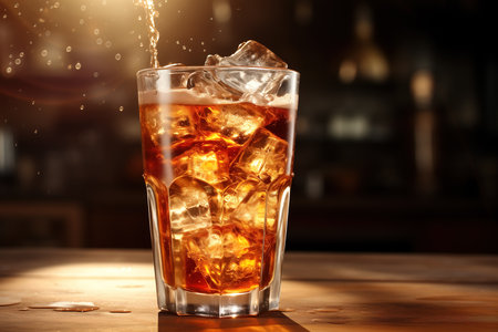 A glass filled with ice cubes placed on top of a sturdy wooden table, creating a refreshing and cool visual.の素材