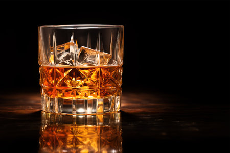 Whiskey glass with ice cubes on black background. Entertainment concept and high-end alcohol.の素材