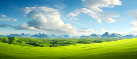 Natural landscape with green meadows, blue sky with clouds and mountains in the background. Generative artificial intelligenceの素材