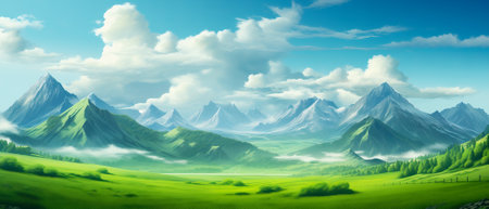 Natural landscape with green meadows, blue sky with clouds and mountains in the background. Generative artificial intelligenceの素材