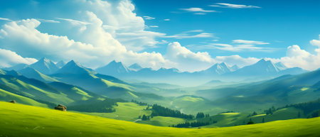 Natural landscape with green meadows, blue sky with clouds and mountains in the background. Generative artificial intelligenceの素材