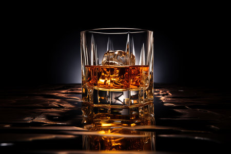 Whiskey glass with ice cubes on black background. Entertainment concept and high-end alcohol.の素材