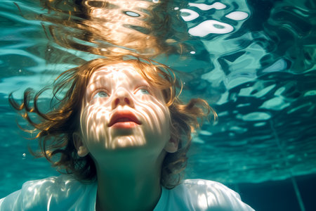 A woman wearing a white dress submerged in water, capturing the ethereal beauty of an underwater environment.の素材