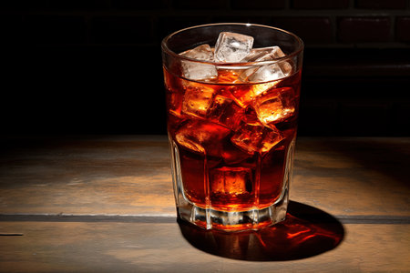 A glass filled with ice cubes placed on top of a sturdy wooden table, creating a refreshing and cool visual.の素材