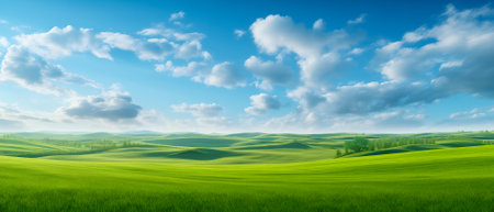 Natural landscape with green meadows, blue sky with clouds and mountains in the background. Generative artificial intelligenceの素材