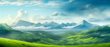 Natural landscape with green meadows, blue sky with clouds and mountains in the background. Generative artificial intelligenceの素材