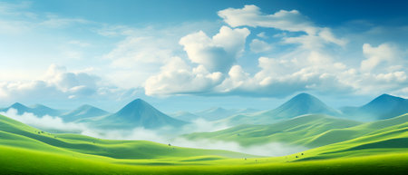 Natural landscape with green meadows, blue sky with clouds and mountains in the background. Generative artificial intelligenceの素材