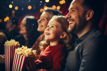 A man and one child sit together with smiles on their faces enjoying the movie.の素材