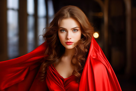 A woman wearing a red cape stands confidently in a hallway, showing casing grace and strength.の素材