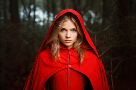 A woman wearing a red cape stands confidently in a hallway, showing casing grace and strength.の素材