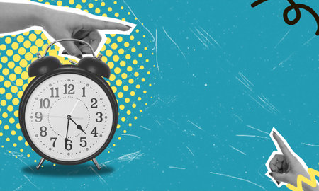 Art collage, hands and alarm clock with space for text. The concept of running out of time, every time.の写真素材