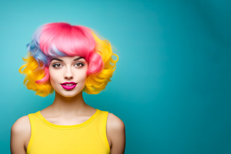 Young beautiful woman with wavy hair in rainbow color, with copy space, banner template. Creative hair coloring.の素材