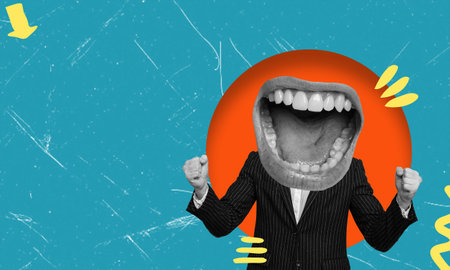 Art collage with a screaming man. Aggressive pressure or intimidation of an opponent. Copy space, for advertising and text.の写真素材