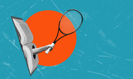 Contemporary creative design. Sporty lifestyle. Hand from the book tennis playing. The concept of sport, movement, action, competition.の写真素材