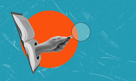 Creative banner poster collage, magnifying glass schoolboy with space for text. Concept of finding...