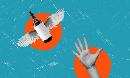 Contemporary art collage. Creative design with human hands and wine bottle. Concept of addiction to alcohol.の写真素材