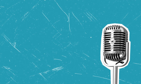 Art collage, microphone on blue background with space for text or advertisement. Concept of interview and advertisement.の写真素材