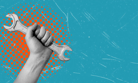 User support and data protection, art collage. Hand with wrench on blue background with space for...