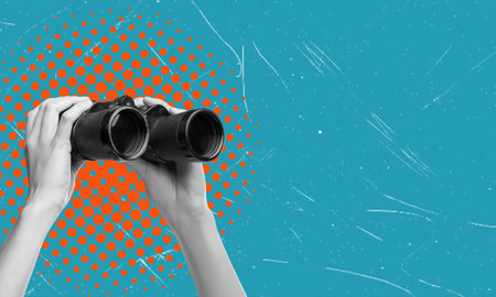 Art collage, hand with binoculars on blue background with space for text. Concept of business promotion or research.の写真素材