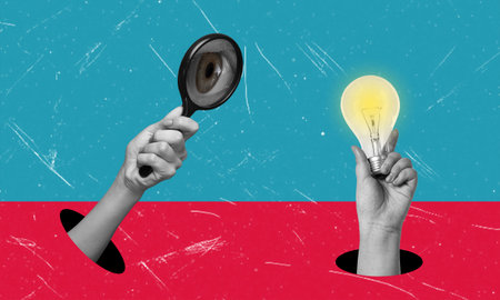 Finding unique and talented employees, hand with magnifying glass, hand with light bulb....