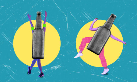 Creative collage of two funny dancing beer bottles on blue background. Entertainment and party concept in a nightclub or bar.の写真素材