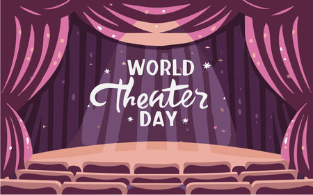 World Theater Day, March 27, conceptual greeting card, with curtain and Stage with red velvet curtain. World Theater Day banner designのイラスト素材