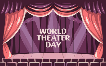 World Theater Day, March 27, conceptual greeting card, with curtain and Stage with red velvet curtain. World Theater Day banner designのイラスト素材