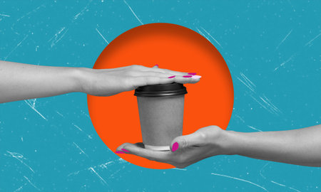 Coffee collage modern art design, mockup of a woman's hand holding a hot paper coffee cup. Surreal...