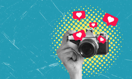 Creative composite photo collage depicting a hand holding a vintage camera and taking a photo on...