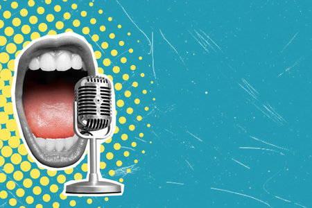 A modern artistic collage featuring a screaming mouth into a microphone on a blue background with copy space. The concept of advertising and promotion.の写真素材