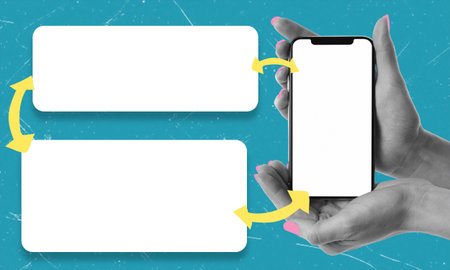A modern artistic collage featuring a hand with a mobile phone and message bubbles. The concept of...