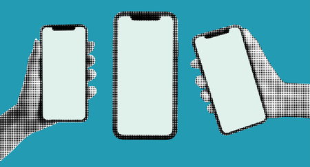 Art collage, three mobile phones, monochrome on a blue background. Concept of mobile phones.の写真素材