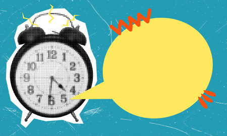 Art collage, grayscale alarm clock with a message bubble. Concept of ringing, deadline, and working on time.の写真素材