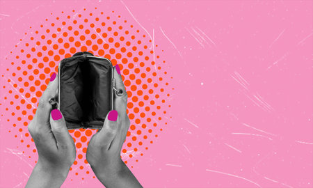 Art collage showing empty wallet, on pink background with copy space. Concept of bankruptcy and lack...