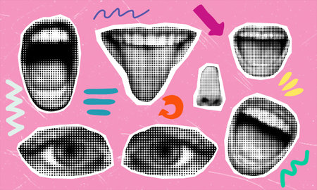 Set of retro halftone body parts. Paper cut-out elements with lips, nose, and eyes. Y2K style....