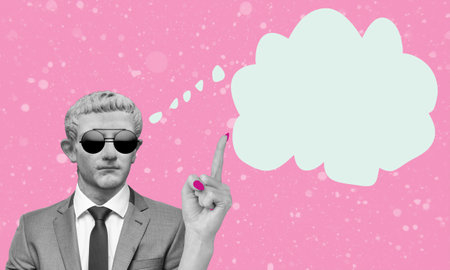 Art collage, a man in a suit and a message bubble on a pink background pointing a finger. Concept of message and thoughts.の写真素材