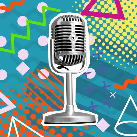 Modern art collage, retro microphone on the futuristic background. Concept of interview and advertisement.の写真素材