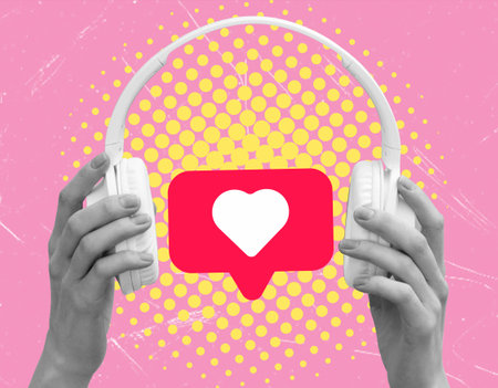Creative billboard poster billboard collage hand-holding wireless headphones. Listen to mp3 audio love music isolated on a pink backgroundの写真素材