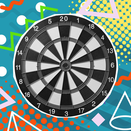 Modern art collage featuring darts on a futuristic background. The concept of hitting the target.の写真素材