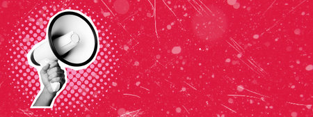 Contemporary art collage. Creative design. A female hand with a megaphone on a red background. New information, notes. Concept of business, success, growth, teamwork, career development. A place to copy adの写真素材