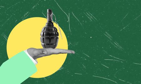 Art collage, hand with grenade or bomb on green background with copy space. Concept of war and peace.の写真素材