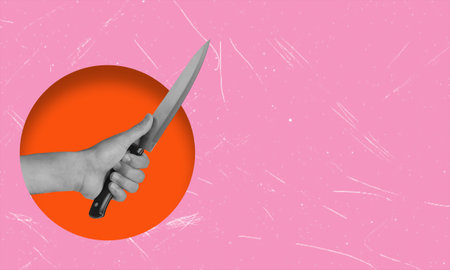 Art collage, the hand with a knife on a pink background with copy space. Concept of attack or stabbing with a knife.の写真素材