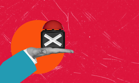 Art collage on red background with hand holding a red button. Concept of pressing the red button.の写真素材