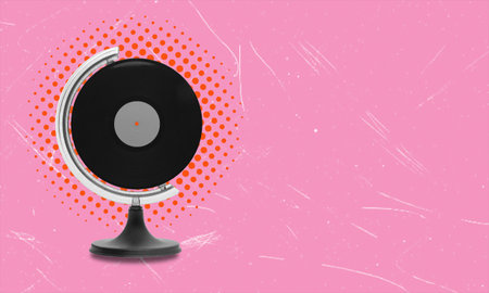 Music without time. Retro vinyl record composition isolated on a pink background. Conceptual, modern art collage. Retro style, surrealism, fashion. Idea, aspiration, comparison of erasの写真素材