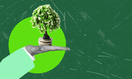 Art collage, hand with money tree on green background with copy space. The concept of saving money for the future.の写真素材