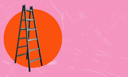 Art collage, ladder or stepladder on pink background with copy space. Promotion and development concept.の写真素材